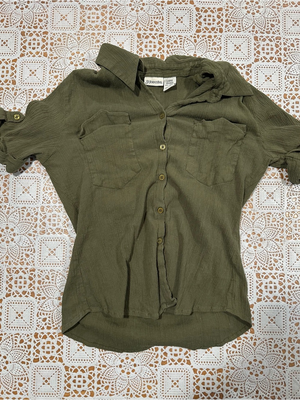 Vintage St Johns Bay Y2K Olive Green Gauze Button Shirt Large Utility